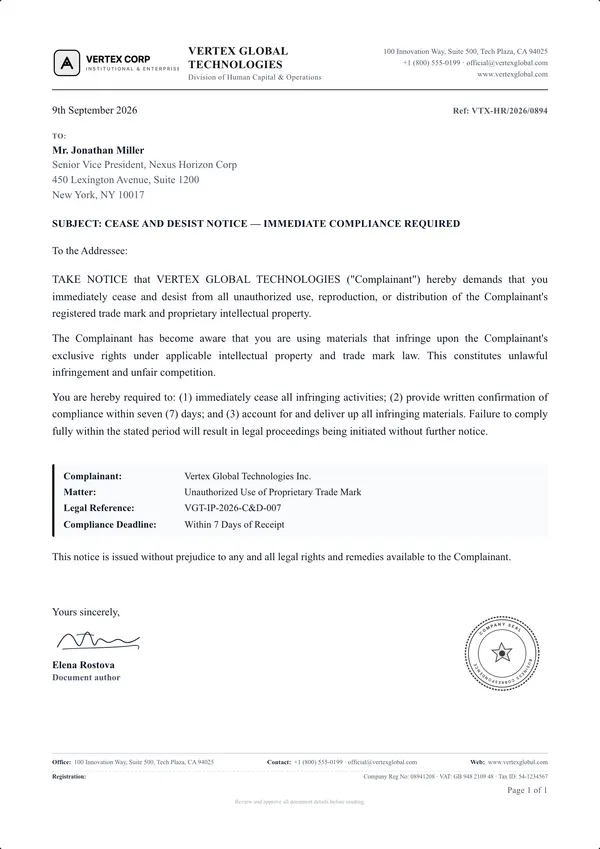 Cease and Desist Letter template example
