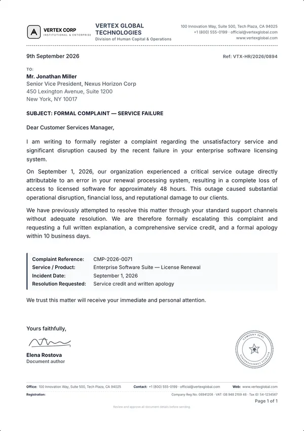 Complaint Letter template example