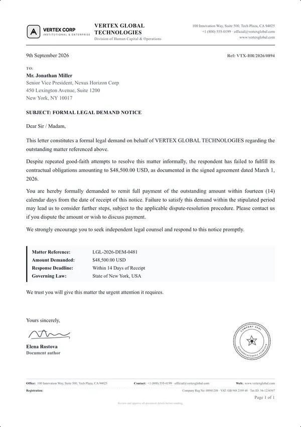 Demand Letter template example