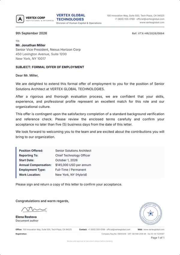 Job Offer Letter template example